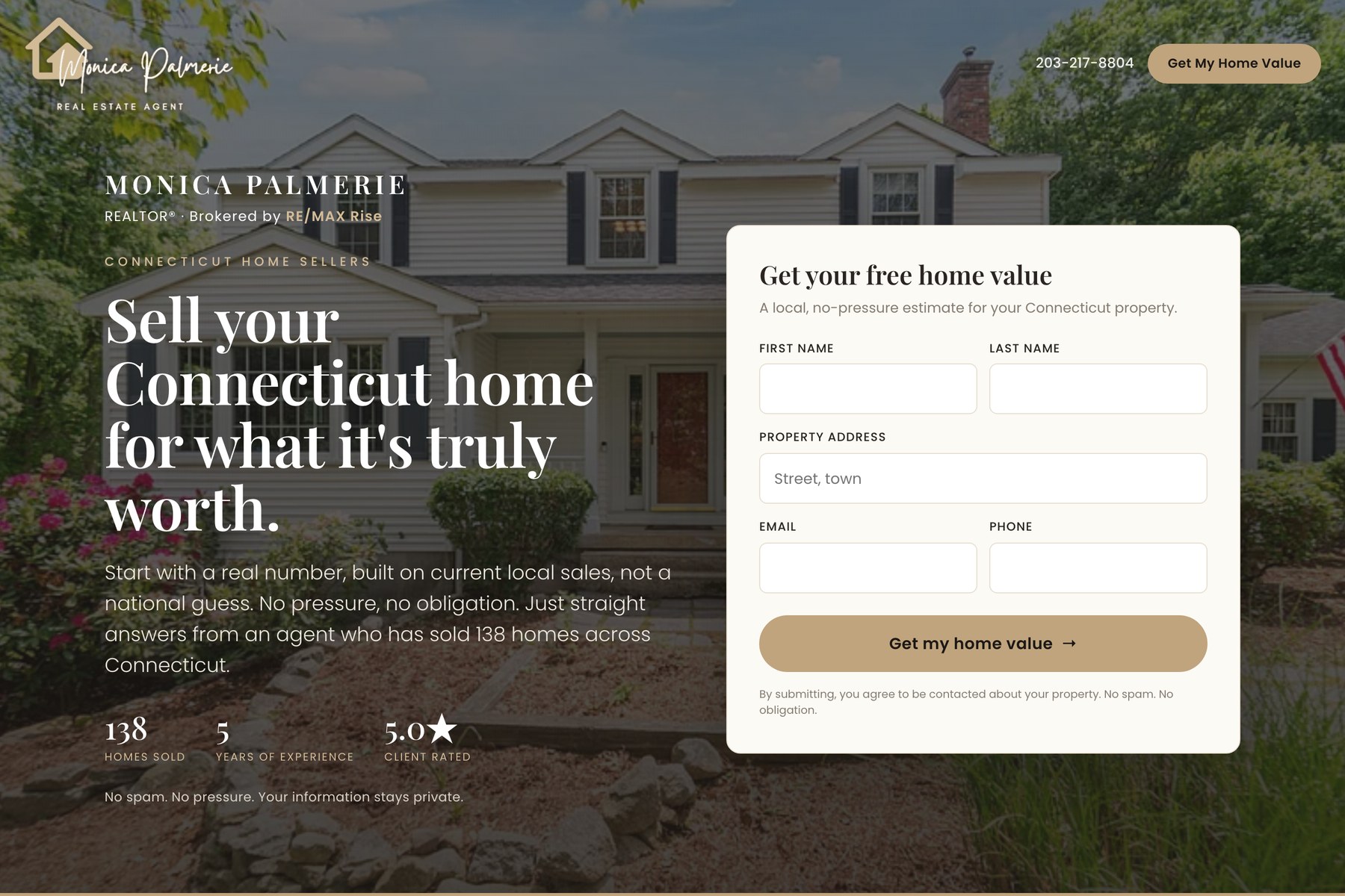 Home page of Monica Palmerie, a Connecticut home value seller funnel